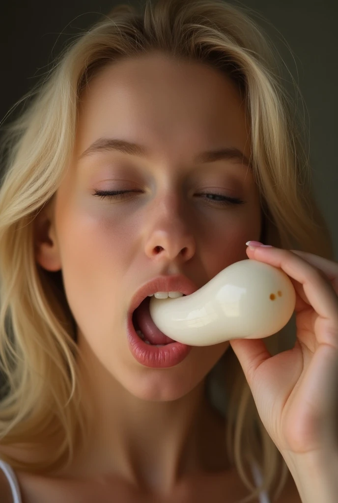 a eyes closed blonde woman in a white suit and blue shirt  (( blonde ponytail hair))  (( cum falling from the penis)) ((kissing the penis, licking the penis with the tongue ))  gloves 