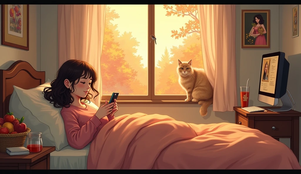 A Miyazaki-style anime image of a girl sitting on her bed, talking on the phone to her silver-gray American Shorthair cat who is in heaven, asking how it's been and if it misses her. The scene features warm and soft lighting with magical elements, a heartfelt atmosphere, and a dreamlike scene, with soft colors and a comforting presence.