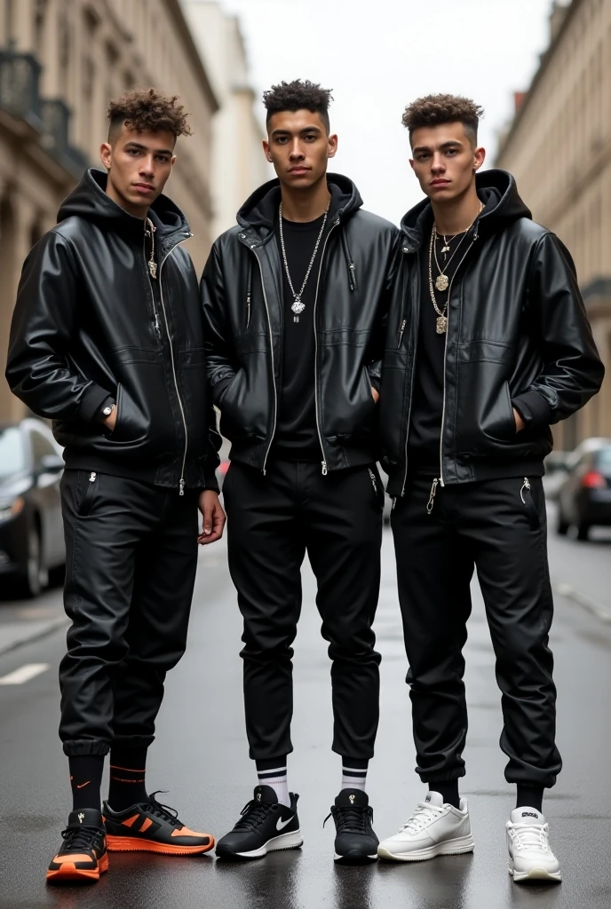 full length view of 3 queer handsome young scally guys in the street, 2 of them smoking, all of them wearing black, PVC tight shiny jackets and trackie pants Nike socks, Nike sneakers (1 wearing Jordan sneakers , 1 wearing wear orange Nike Tn airmax plus sneakers, the third one has white Nike Tn sneakers), all of them wear lots of silver rings, bracelets, chains-necklaces
