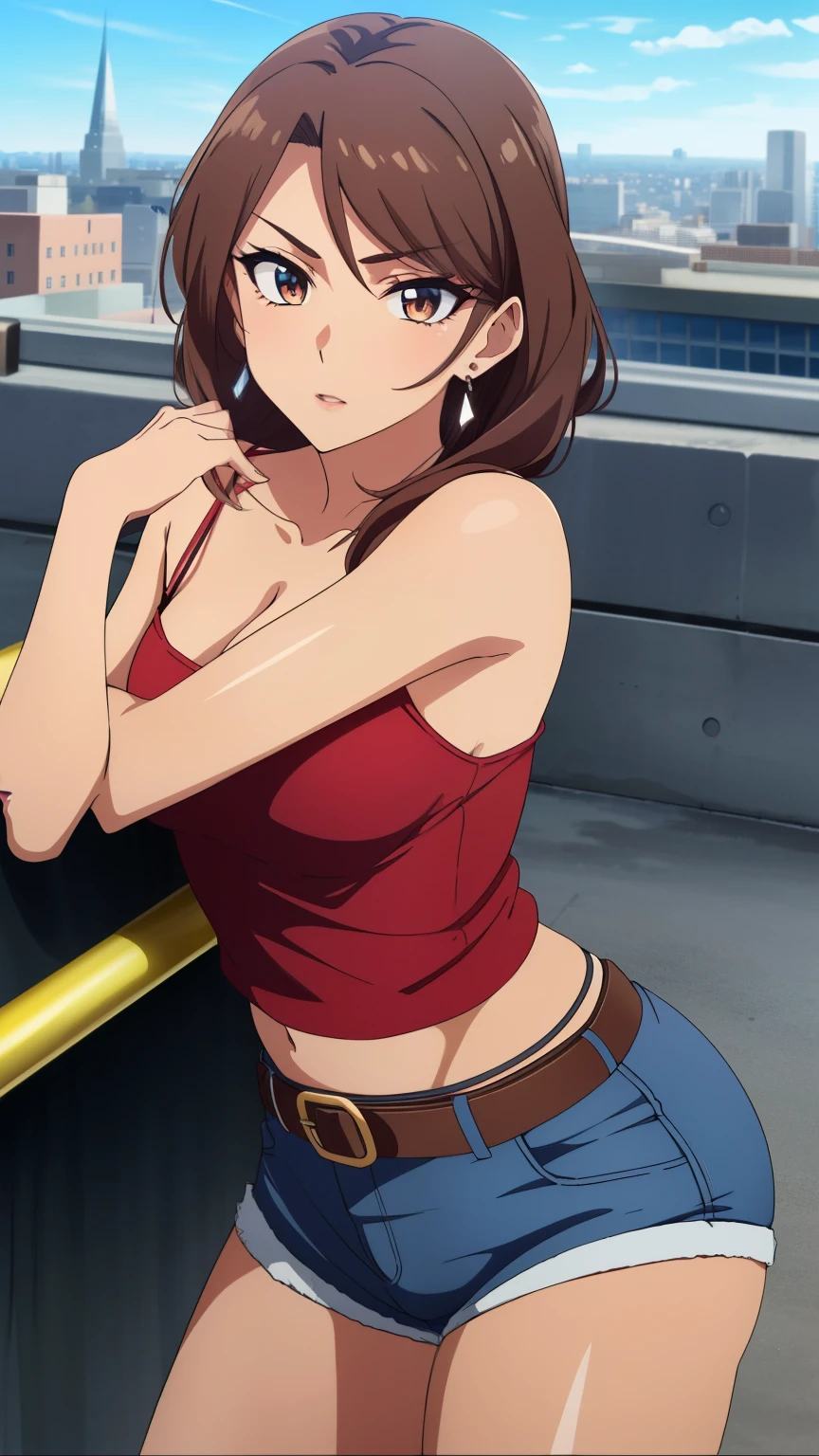 (highest quality, masterpiece, 8k:1.2), anime art style, ultra-high resolution, hyper detail, ingrid, one girl, 20 years, adult woman, (mature face:1.3), (light brown skin:1.2), brown hair, (medium hair:1.2), makeup, false eyelashes, earrings, (sharp eyespink), eyes, (medium breasts:1.0), (sexy pose), dynamic angle, staring at the viewer, (camisole, shorts, boots, city), (cowboy shot:1.2),