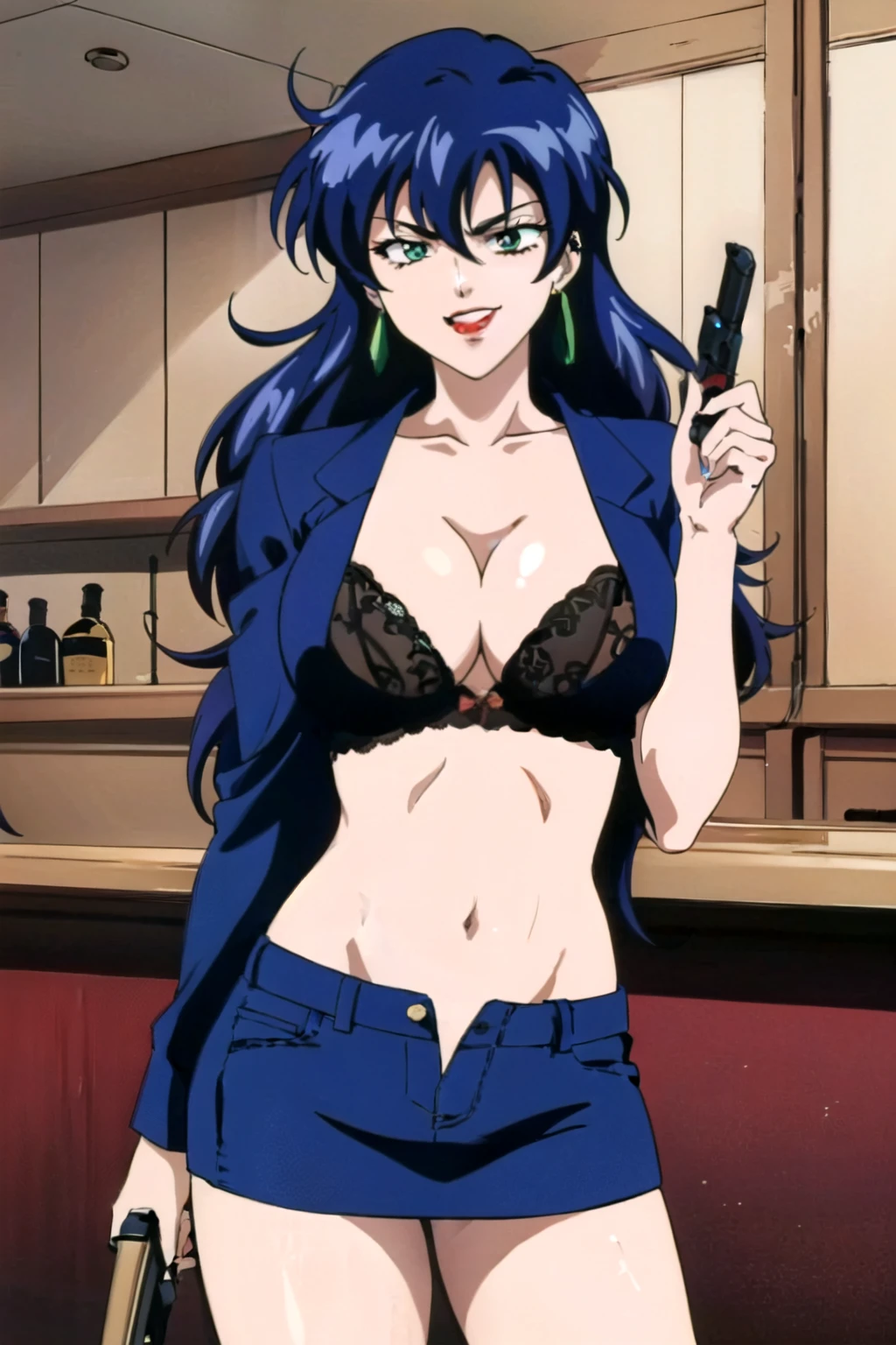 1girl,,retro artstyle,1990s \(style\),shan,blue hair,green eyes,lipstick,long hair,earrings,makeup, evil grin,, long hair, earrings, red lips, large breasts, ear piercing, long hair, blush, lipstick,Hot girl, baddie, smoking, sensual, attractive , bar background, inside bar, masterpiece, best quality, highly detailed, a girls with a gun, open mouth, blazer, sexy gaze, (nsfw) not
safe for work, badass pose , evil smile, smile, black bra, anime girl with long hair, long haired girl,
navel, evil expression, exposed belly, exposed navel, exposed midriff, exposed lower belly, micro
miniskirt, micro pencil skirt, pencil skirt ,holding a gun, holding pistol
