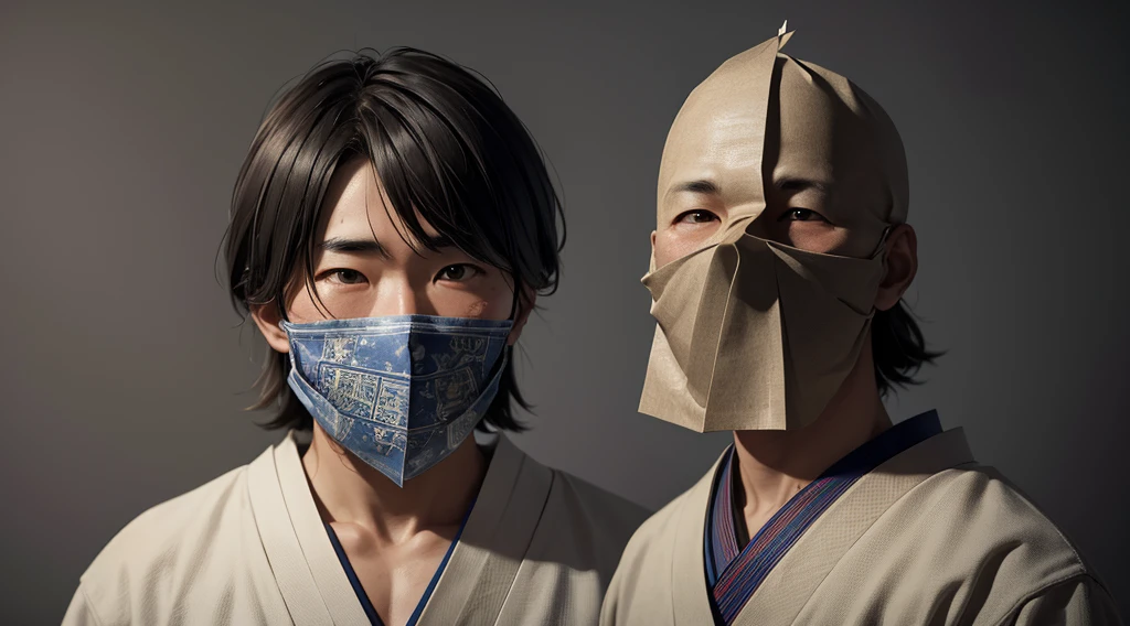 A Japanese man with his face completely covered by a paper talisman, realistic, high detail, atmospheric lighting
