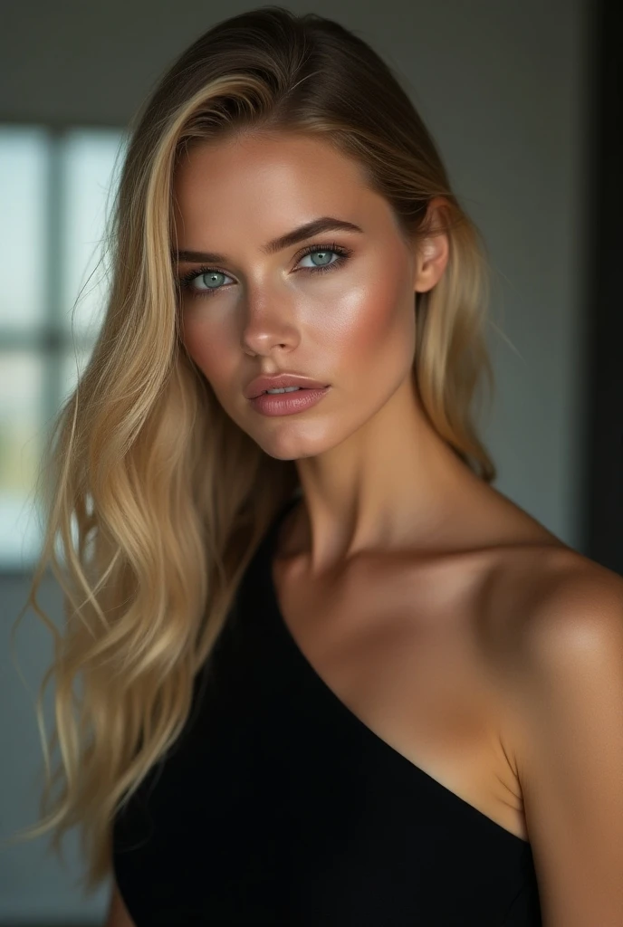 a very realistic and detailed photo of beautiful french woman, tight black dress, perfect makeup, long straight sleek blonde hair, high quality, photorealistic, 8k, luxury, elegant, sophisticated, confident, studio lighting, cinematic, glowing skin, piercing eyes, full lips, sharp focus