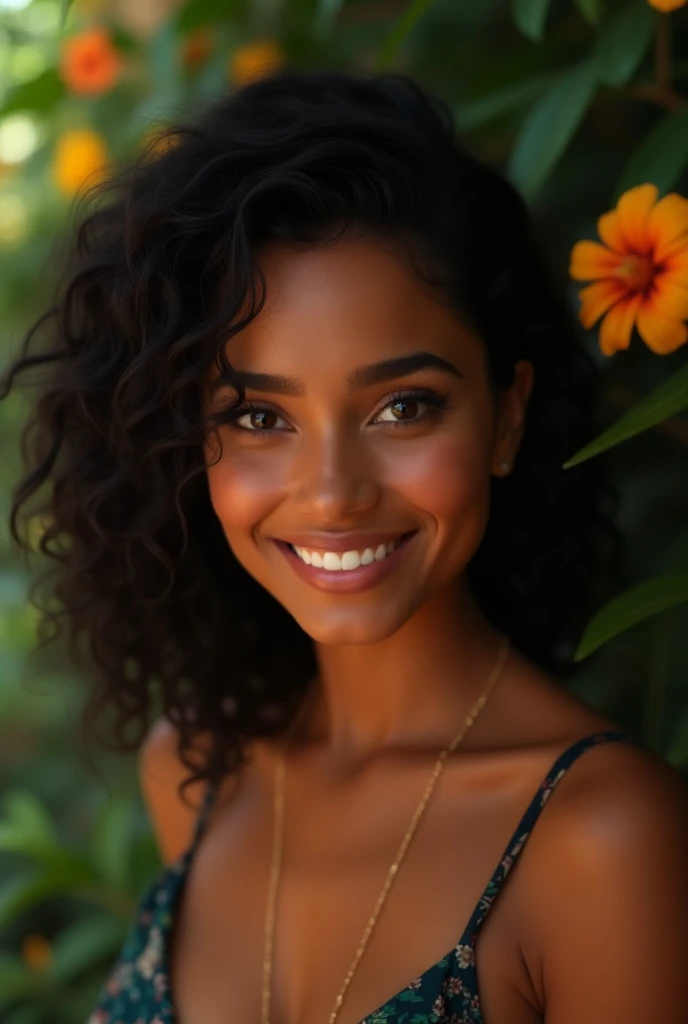 A photorealistic portrait of a young Afro-Brazilian woman of mixed skin, 23 years old, with long curly brown hair and green eyes with a naughty and hot look. It must have a natural and accessible expression and be enlightened. The background should be a bright and sober setting. Capture this image with high-resolution photography using an 85mm lens for a flattering perspective