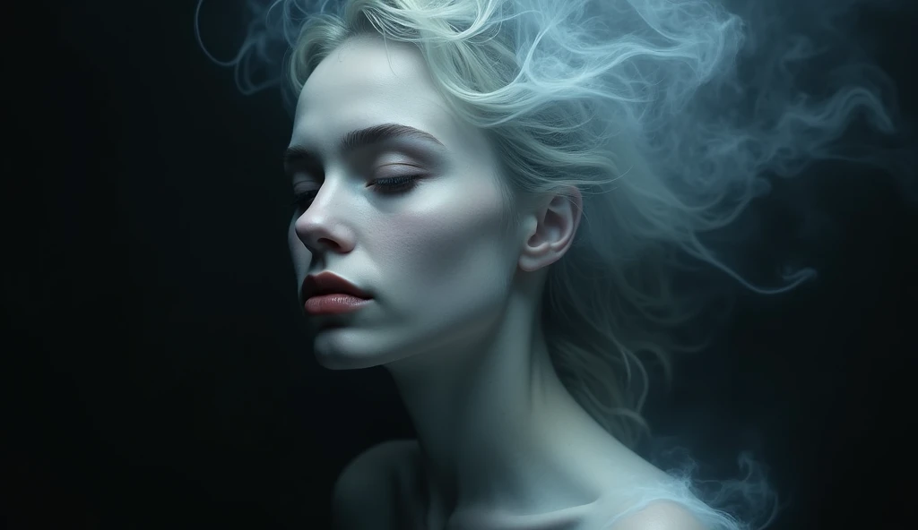 <lora:dark art movement style v1:1>
<lora:flux_realism_lora:1>
In dark art movement style, Macabre painting, sharp detailed cinematic art style, horror themed art style, gothic themed art style, an erotic horror painting of a naked woman with her hands on her face and flying grey hair in a dark room with white light coming from above on her face dark art painting style, 1girl, solo, breasts, upper body, nude, lips, black background, lipstick, covering breasts, realistic, red lips, dark