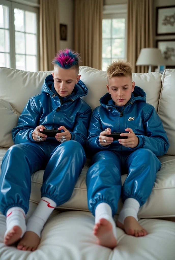 Full body portrait, two different young guys, close friends, with fashion hype-styled undercut haircuts with colored spiked mohawks, sprawled on a white leather couch playing gameboy, in shiny blue/black Nike PVC rainsuits, white NIKE socks, no shoes, dozens of silver rings. luxurious livingroom in Boston's rich mansion. Nike socks must be seen
