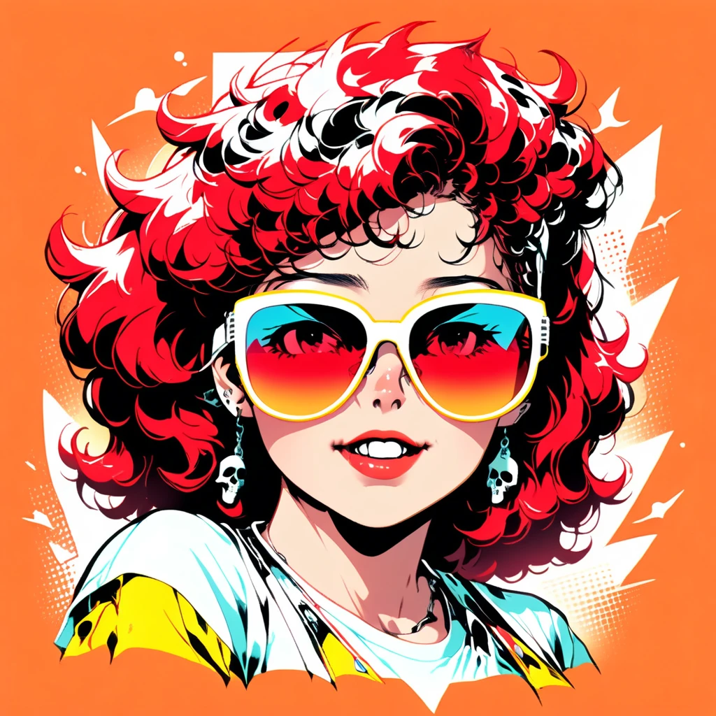  illustrative t-shirt , 1 female、Alone、(((  The strongest pirate girl in history)))、((Incredibly absurd))、((( stylish sunglasses ))), Skull fashion 、pirate bandana,neon、short hair、passionate lips、 white skin、 small breasts 、   Tropical color palette  , fabric texture, thick line drawing, dynamic perspective , ,T-shirt design,T-shirt design AF ,