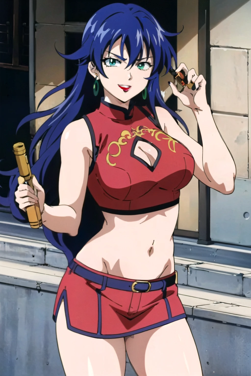 1girl,,retro artstyle,1990s \(style\),shan,blue hair,green eyes,lipstick,long hair,earrings,makeup, evil grin,, long hair, earrings, red lips, large breasts, ear piercing, long hair, blush, lipstick,Hot girl, baddie, smoking, sensual, attractive , masterpiece, best quality, highly detailed, a anime girls in china dress with navel cutout , navel
cutout, crop top, china dress, ecchi anime style, evil smile, open mouth, smile, anime girls, ecchi
style, ecchi, digital anime art!!, in anime style, official artwork, (nsfw) not safe for work, beautiful
anime girl, anime style 4 k, exposed belly, exposed navel, exposed midriff, exposed
lower belly, holding a gun, chinatown, holding pistol,outdoor,street,road, skirt, pencil skirt
