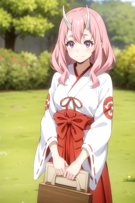 1girl,long hair, pink hair, pink eyes, horns, ShunaTensura, low-tied long hair, oni horns, 
BREAK red and white kimono, miko, red hakama, tabi,
BREAK standing, 
BREAK smile,
BREAK (cowboy shot:1.1), from front,
BREAK outdoor, garden,
BREAK (best quality, masterpiece, detailed:1.1), HD, anime colored, (beautiful detailed eyes:1.4), extremely detailed face, perfect lighting, extremely detailed CG, (perfect hands, perfect anatomy),