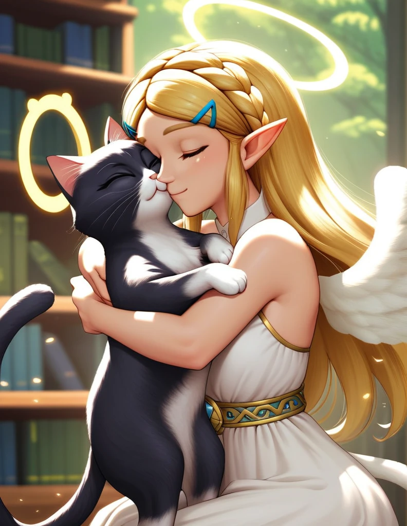 https://civitai.com/articles/5300 ___ All images: score_9, score_8_up, score_7_up ___ 1st image: 1girl, 1boy, Princess_Zelda, \(The_Legend_of_Zelda:_Breath_of_the_Wild\), standing, kiss, hug, closed_eyes ___ 2nd image: 1girl, lovely face, portrait, close-up, looking_at_viewer, closed_mouth ___ 3rd image: 1girl, solo, blonde_hair, wavy_hair, angel, angel_wings, halo, smile, sitting, forest, white_dress ___ 4th Image: 1girl, solo, long_hair, black_hair, blunt_bangs, straight_hair, round_eyewear, cat_girl, cat_ears, cat_tail, standing, hug cat, looking_at_viewer, library