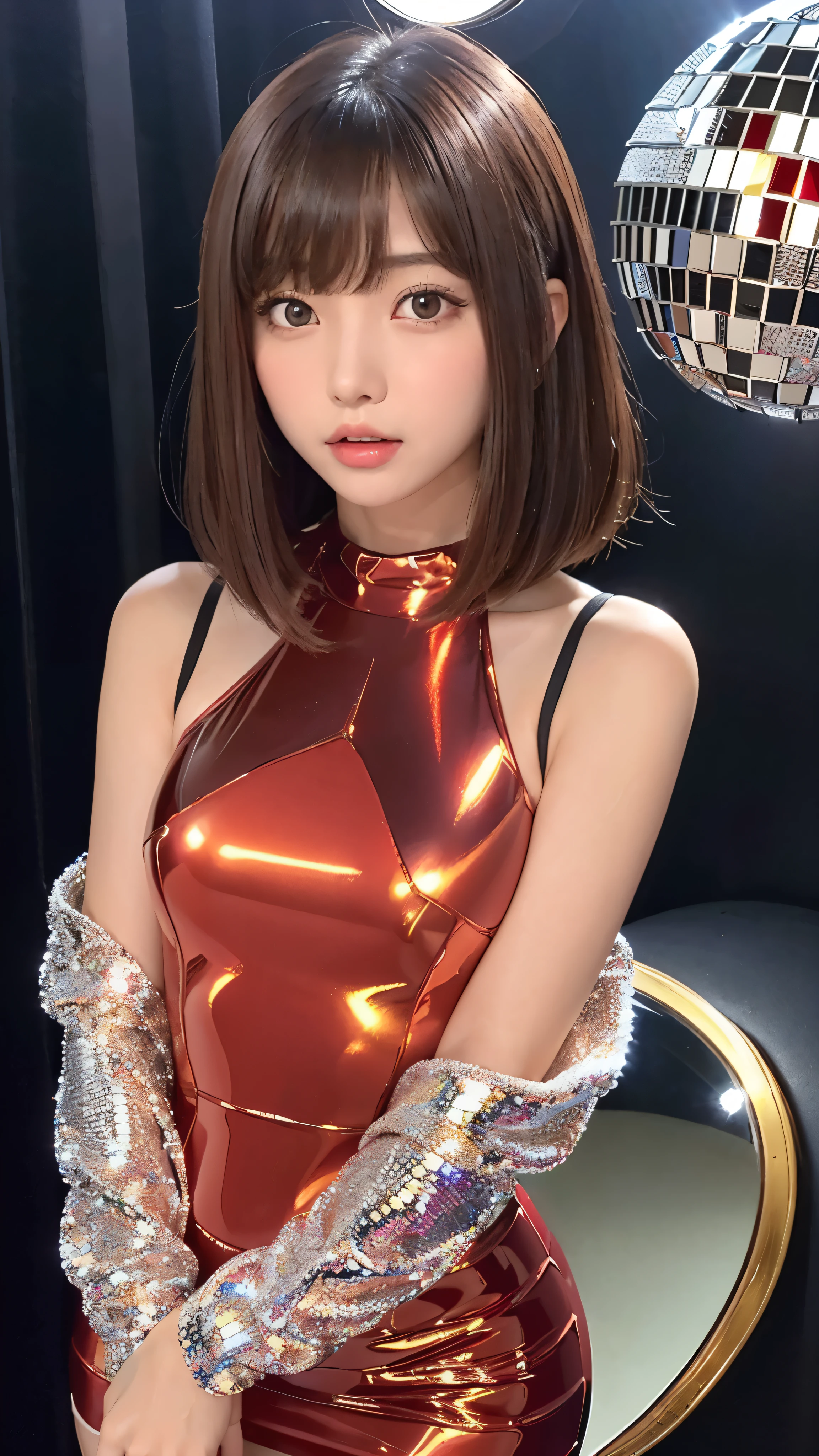 Upper body from the waist up、masutepiece、highest quality、1 girl、(Beauty、Delicate girl:1.3)、(:1.3)、Very fine grain definition、(Symmetrical eyes:1.3)、(Inside the disco、Mirror ball:1.3)、(Red Bodycon Costume:1.3)、Small breasts、Brown eyes、Parted bangs、Brown Hair、Chiquita、(Eye and facial details:1.0)、perfectly trimmed fingers