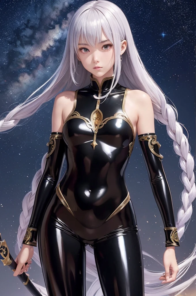 ((UHD, masterpiece, accurate, anatomically correct, super detail, best quality, 8K)), (a medieval times Japanese female Ninja:1.1), thirteen years old, slender body, flat chest, (wearing a well decorated full-length tight glossy ornamented black latex suit:1.2), brown hair, shiny silver eyes, low-braided long hair, on a medieval times Japanese city, Xianxia Hero, midnight time, beautiful starry sky, Holly wind magic, blade witch, wind sorcerer!!