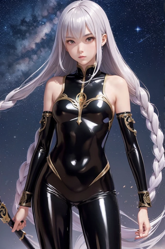 ((UHD, masterpiece, accurate, anatomically correct, super detail, best quality, 8K)), (a medieval times Japanese female Ninja:1.1), thirteen years old, slender body, flat chest, (wearing a well decorated full-length tight glossy ornamented black latex suit:1.2), brown hair, shiny silver eyes, low-braided long hair, on a medieval times Japanese city, Xianxia Hero, midnight time, beautiful starry sky, Holly wind magic, blade witch, wind sorcerer!!