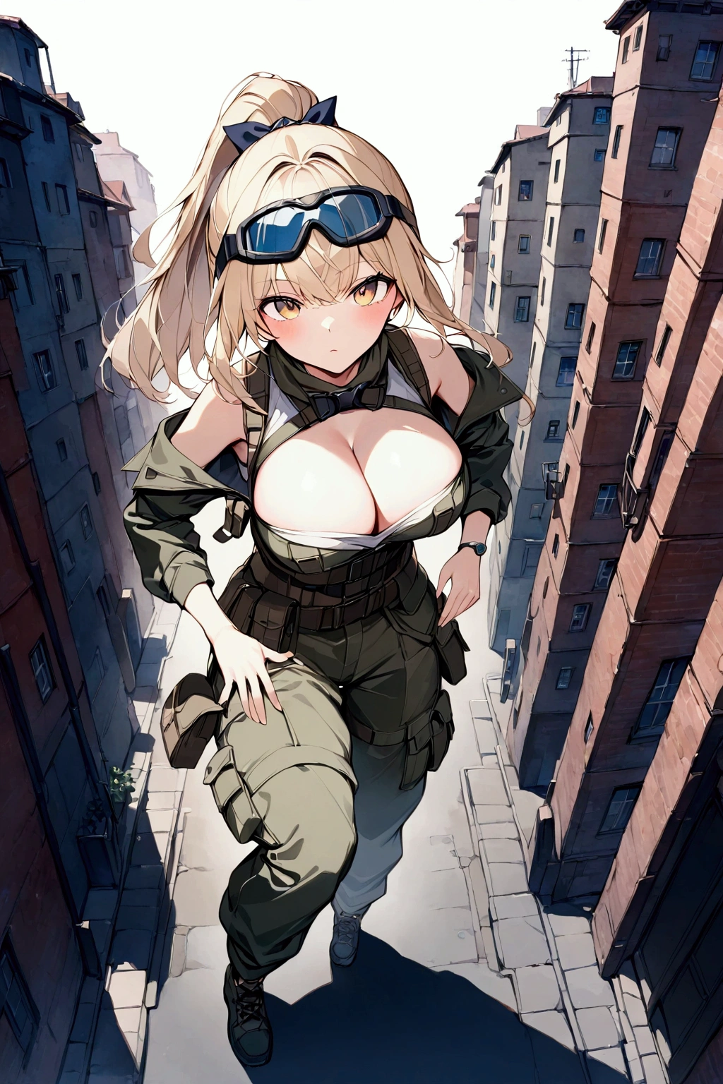 Masterpiece, 8k, AKIRA, Image illustration, a strong girl, Alone, Light blonde,  ponytail on background, Camouflage colored military uniform,High exposure, （Large Breasts）, Clothes that show off your shoulders , Cargo pants, Wears goggles , Brave expression, Fearless atmosphere ,  looks at the viewer's side, （ upper body）, Accentuate your bust, amazing action, The background is an urban area in Europe and America ,  detailed background, Draw the whole body, dynamic angle, extreme posing, {The angle seen from above }. Close to the audience, Portrait, mihoyo style illustration, (watercolor|1.3)