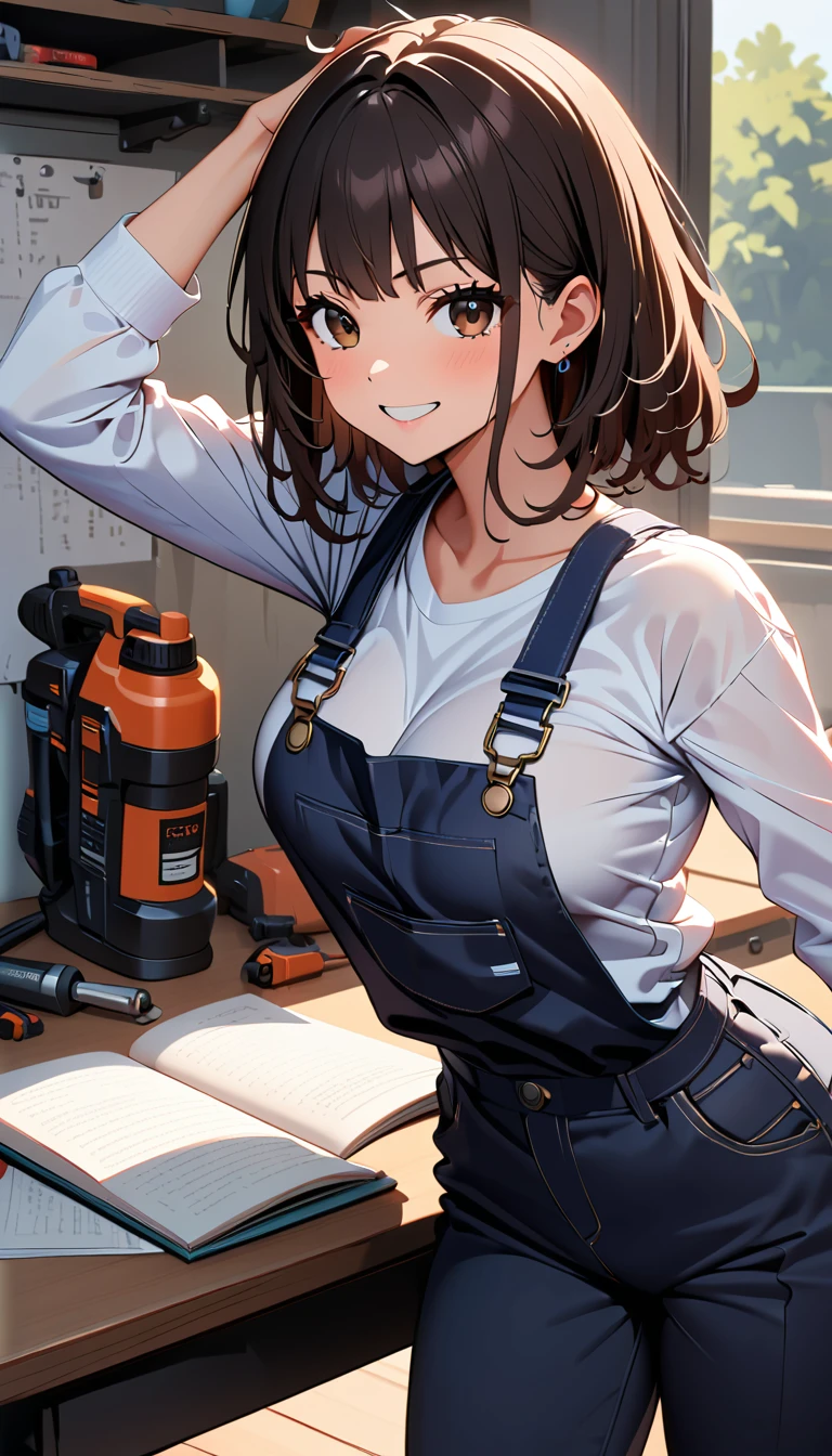 Dynamic Pose, ChibiCute:1.2,(highest quality:1.2, Very detailed, Latest, Vibrant, Ultra-high resolution, High Contrast, masterpiece:1.2, highest quality, Best aesthetics), Beautiful female mechanic, sexy, Work clothes, Overalls, Best Body Line, Beautiful detailed eyes, A professional and confident smile, Detailed facial features, Elegant hairstyle, Power tools, detailed machine, The work contents written on the wall, A neat and tidy desk, Precision work, Adorable,