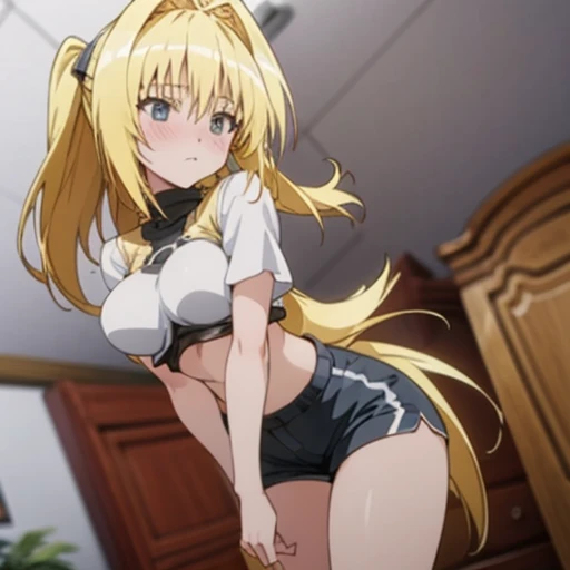 Best Quality, anime girl, anime woman, grow taller, perfect face, detailed face, beautiful face, super detailed illustration, detailed eyes, inside, giantess growth, as seen from below, grow taller, shocked, In the bedroom, Wearing shorts, seen from below, growing more, grow taller, beautiful giantess, narrow room, giantess in the room, room that is too small, huge safe, bigger breasts, Thin waist, thin legs, blush, giant anime, blond hair, low angle, furniture crushing, furniture crushing under body, Department, narrow, wearing a fitted t-shirt, close up, close up shot, perky breasts, tight shirt, crop top, very close up, maduro, sexy, tight clothes, Motion blur, lines of movement, maduro anime girl, milf, breast expansion, GIGA BREASTS, bigger breasts, bigger breasts que la cabeza, tighter clothing, bra visible, close up, close view, cowboy shot, hyperbreasts, Focus on breasts, bouncing breasts, breast growth, extreme low angle, legs apart, high Motion blur