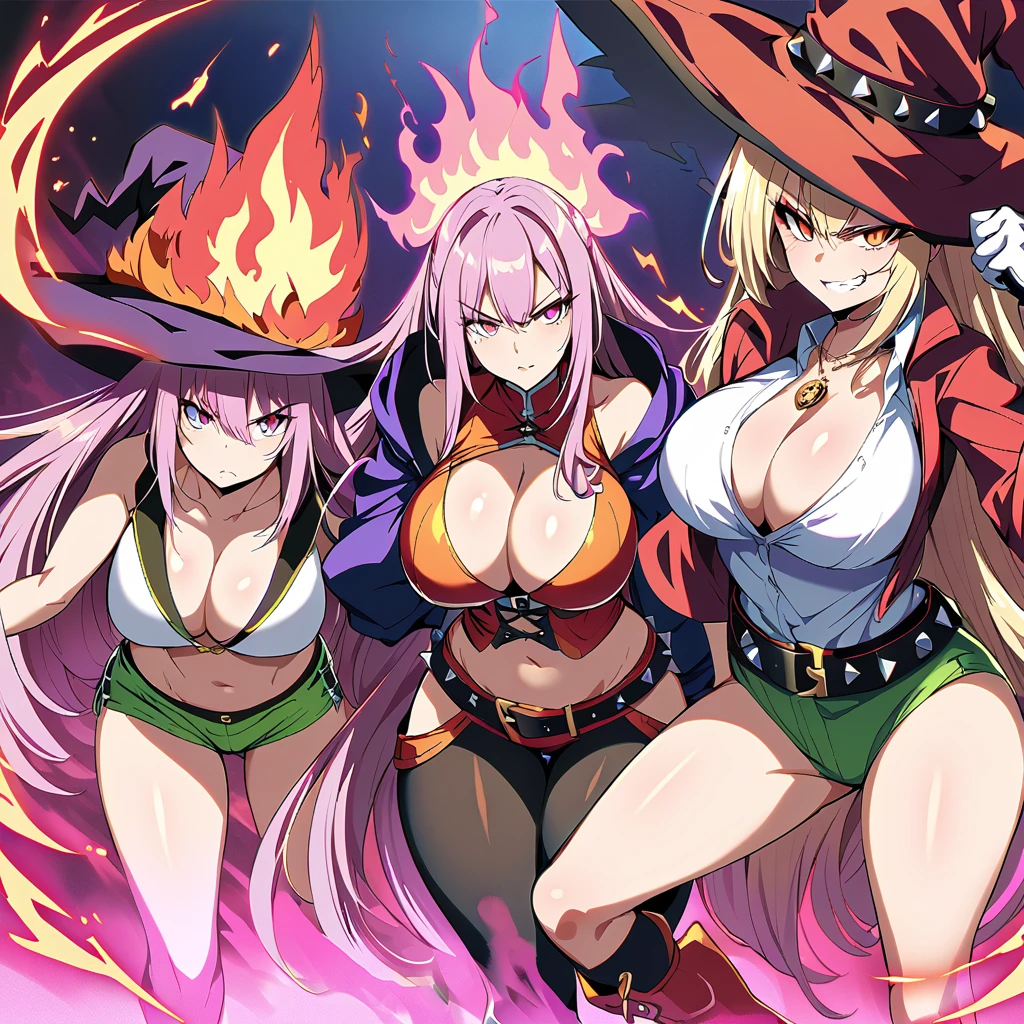 Anime, high detailed, witch girls, multiple girls, witch hat, extremely long hair, pink eyes, red sclera, colored sclera, large breasts, jacket, cleavage, exposed abdomen, claw-gloves, spiked belt, Angry eyes, short shorts, green shorts , spiked boots, evil grin, flaming aura, pink aura, curvy body, girls surrounding