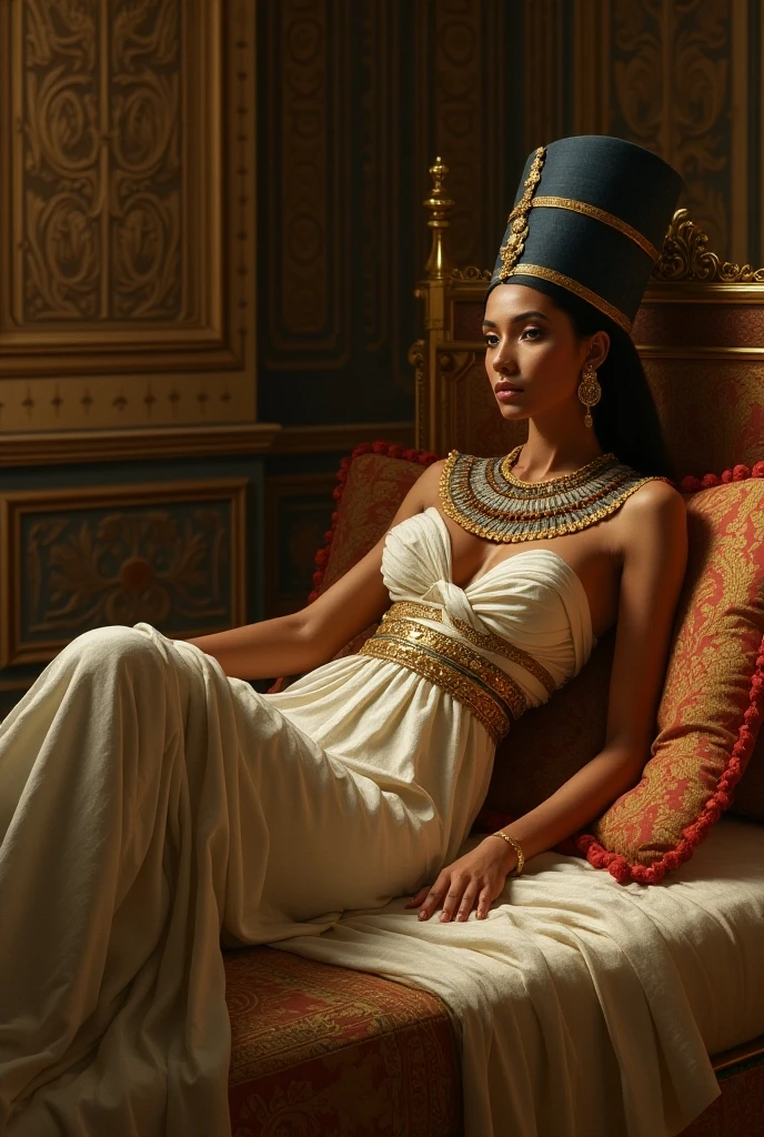 Nefertiti laying in her bed, ancient Egypt. 
High Resolution, Super Detailed