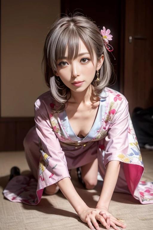 A Japanese female swordsman wearing a flashy golden kimono, showing sexy underwear, a 20-year-old college student, looking at me on all fours, with silver hair and a ribbon, and a beautiful cherry blossom pattern on her kimono. is embroidered on the small-breasted sister