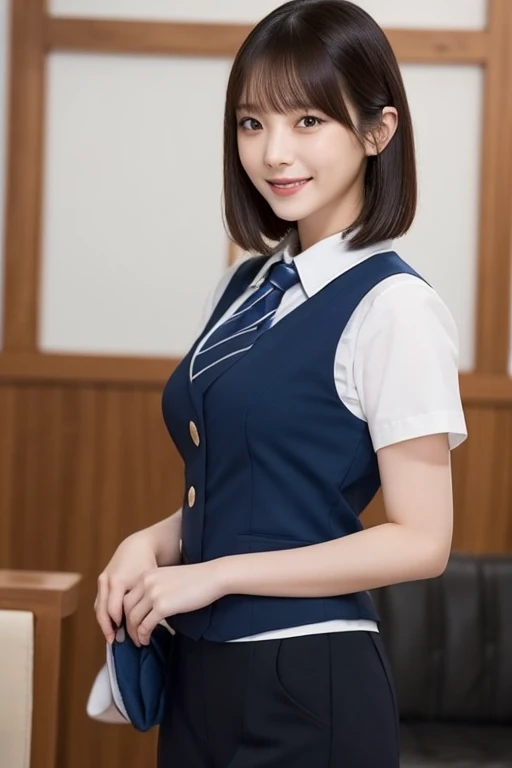  best quality、masterpiece、８Ｋ、Beautiful woman,、 Japanese woman in her 20s  、Narrow waist.  top and bottom of a dark blue uniform like a cabin attendant、  Short sleeve white blouse  、Red short tie 、 Vest of the same color as the uniform  🦺、Black Lob Hair、Beautiful woman、Beautiful smile、 boobs are big

1 girl , 