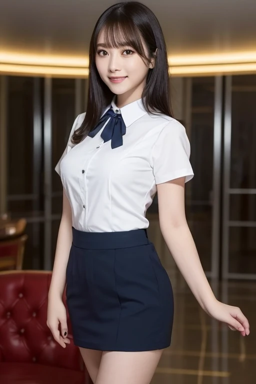  best quality、masterpiece、８Ｋ、Beautiful woman,、 Japanese woman in her 20s  、Narrow waist.  top and bottom of a dark blue uniform like a cabin attendant、  Short sleeve white blouse  、Red short tie 、 Vest of the same color as the uniform  🦺、Black Lob Hair、Beautiful woman、Beautiful smile、 boobs are big

1 girl , 