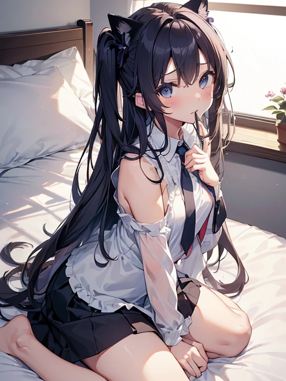 masutepiece, Best Quality,Illustration, Wallpaper, Ultra Detail,  Lori、((fear:1.3))、(Teary-eyed:1.5)、(((Cute underwear)))、ample breasts、student clothes、Semi-long hair、She makes me lie down and spread my legs.