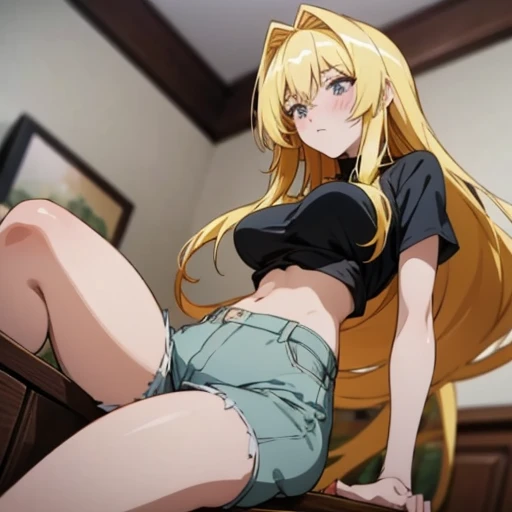 Best Quality, anime girl,yami, anime woman, grow taller, perfect face, detailed face, beautiful face, super detailed illustration, detailed eyes, inside, giantess growth, as seen from below, grow taller, shocked, In the bedroom, Wearing shorts, seen from below, growing more, grow taller, beautiful giantess, narrow room, giantess in the room, room that is too small, huge safe, bigger breasts, Thin waist, thin legs, blush, giant anime, blond hair, low angle, furniture crushing, furniture crushing under body, Department, narrow, wearing a fitted t-shirt, close up, close up shot, perky breasts, tight shirt, crop top, very close up, maduro, sexy, tight clothes, Motion blur, lines of movement, maduro anime girl, milf, breast expansion, GIGA BREASTS, bigger breasts, bigger breasts que la cabeza, tighter clothing, bra visible, close up, close view, cowboy shot, hyperbreasts, Focus on breasts, bouncing breasts, breast growth, extreme low angle, legs apart, high Motion blur