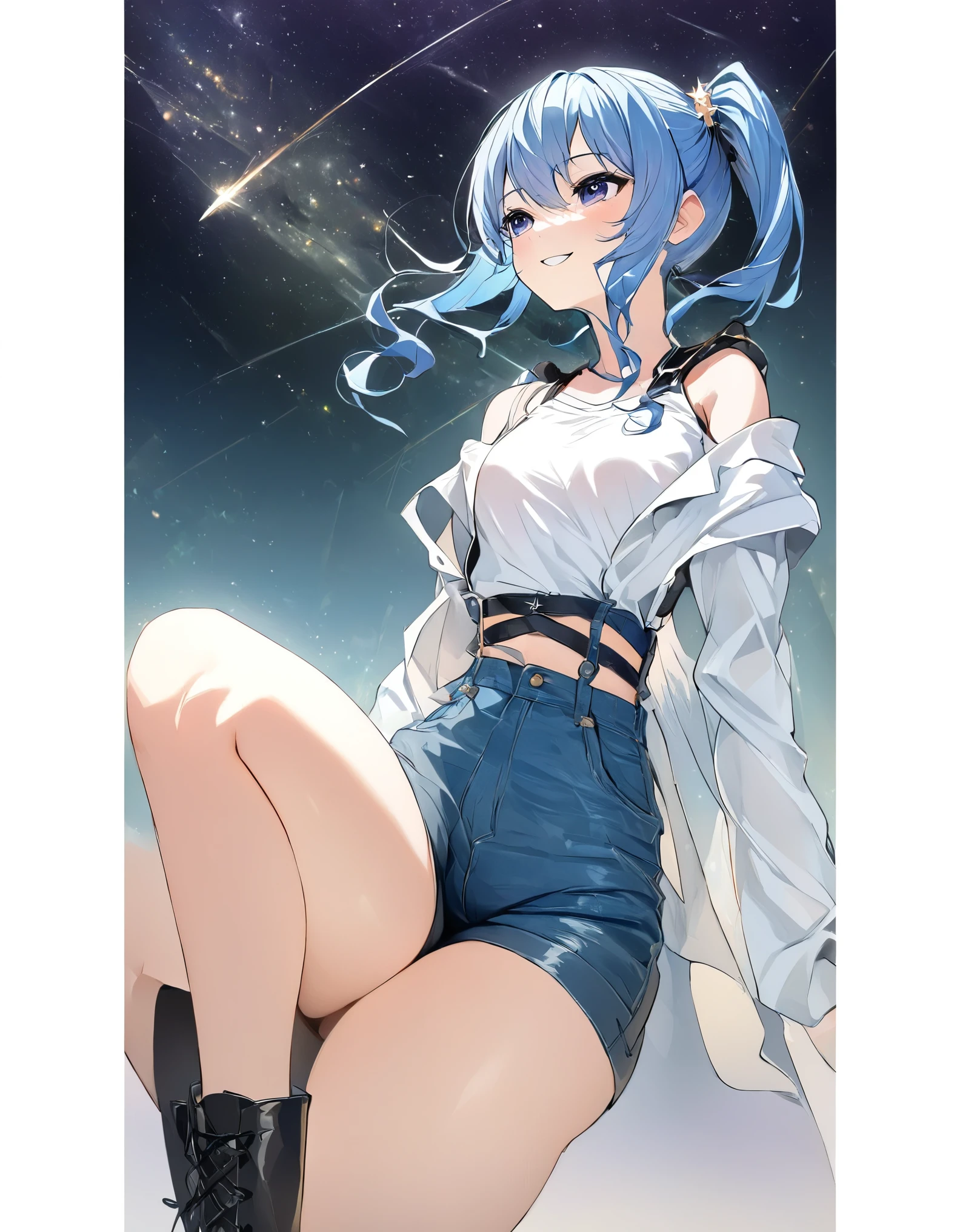 (8k、Best image quality、highest quality)、Detailed face、 1teen_girl、Blue Hair、Long Hair、sideponytail、dark_blue_eyes、smile,(peek_navel:0.7),(small_breasts:0.8),(White_T-shirt:1.3)、Off_shoulder、Black shoulder straps、(open_front_shorts,denim_short_shorts:1.2), starry_sky_city_background ,hoshimachi suisei,nihil,solo,stargaze,girl_looking_up_sky,slender,solo,boots,abs, tight_waist,,slender_thighs,knees