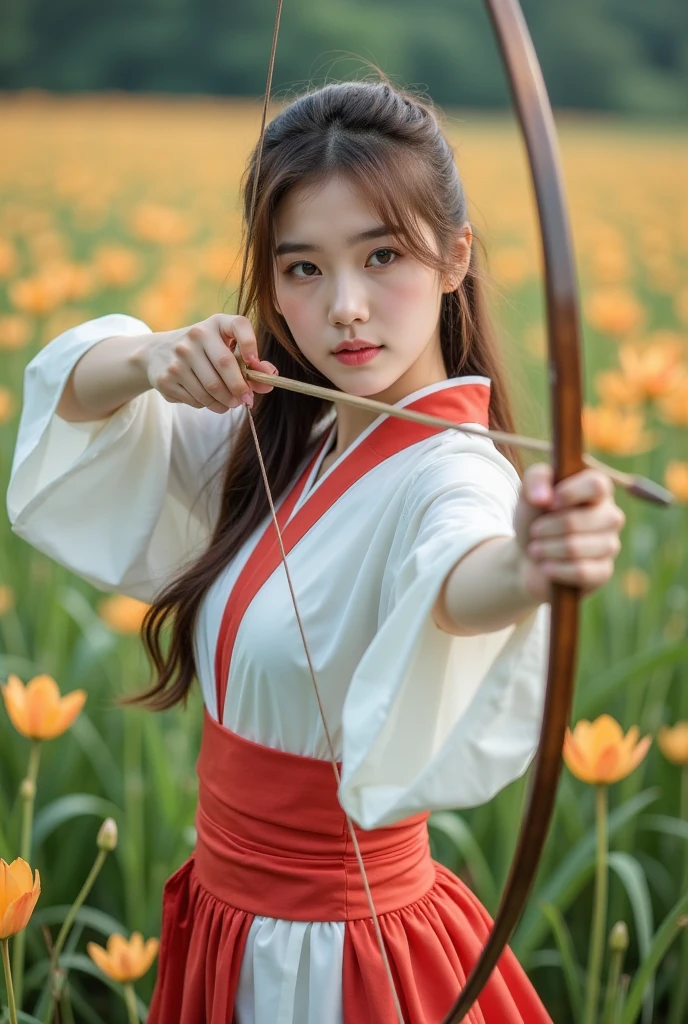 Platycodon grandiflorum，Inuyasha，Documentary photos, Practical, Dramatic scene,   very beautiful 的日本高中女生 ,  famous beautiful Japanese idol , Lovely woman, (Wearing Japanese miko costume :1.2), ( brown hair photo ), Slim waist, Thin lips, Eyeliner, ( very beautiful ， very cute but cool face :1.2), (She shoots Japanese bows in a beautiful field of flowers:1.5),