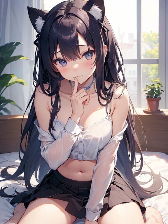 最high quality、best image quality、masterpiece、teenage girl((18-year-old、 By becoming、vest bust、medium bust,wide open breast tea、black eye, black hair、long hair、thin,highest valley、black underwear、tired face、Sweat、get up,yawn、Naked Y-shirt、Change of clothes)),high quality、beautiful art、background((messy room)),debris flies、Depth of written boundary、movie、visual art、perfect art、8K,genuine