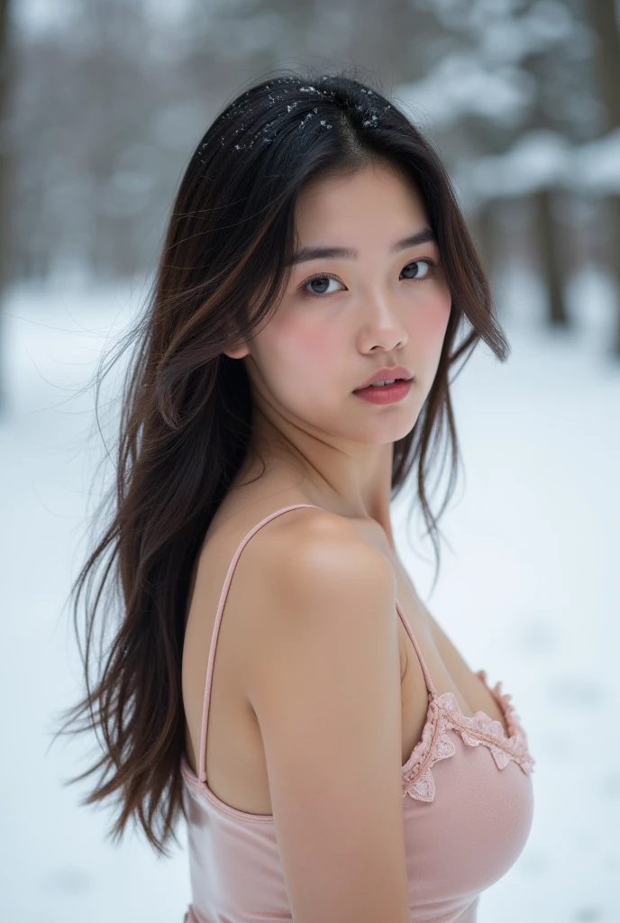 ,Expression，Face， 8K,  高度细致Face部和皮肤纹理 , Asian girl with big ass with long hair in flesh-colored latex clothes on the snow,  and look at the audience, Rear View, Clarify the focus