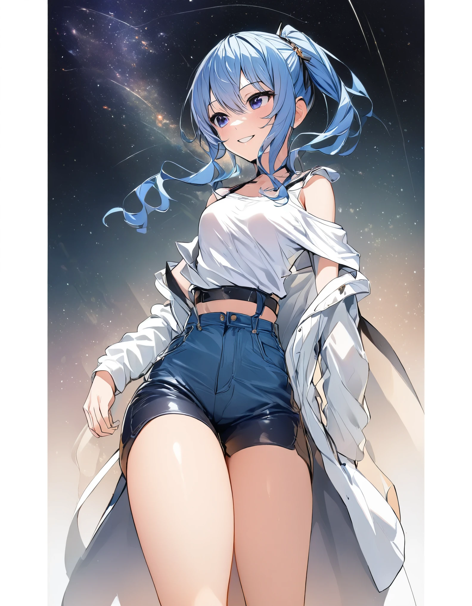 (8k、Best image quality、highest quality)、Detailed face、 1teen_girl、Blue Hair、Long Hair、sideponytail、dark_blue_eyes、smile,(peek_navel:0.7),(small_breasts:0.8),(White_T-shirt:1.3)、Off_shoulder、Black shoulder straps、(open_front_shorts,denim_short_shorts:1.2), starry_sky_city_background ,hoshimachi suisei,nihil,solo,stargaze,girl_looking_up_sky,slender,solo,boots,(abs:0.8), tight_waist,slender_thighs,knees