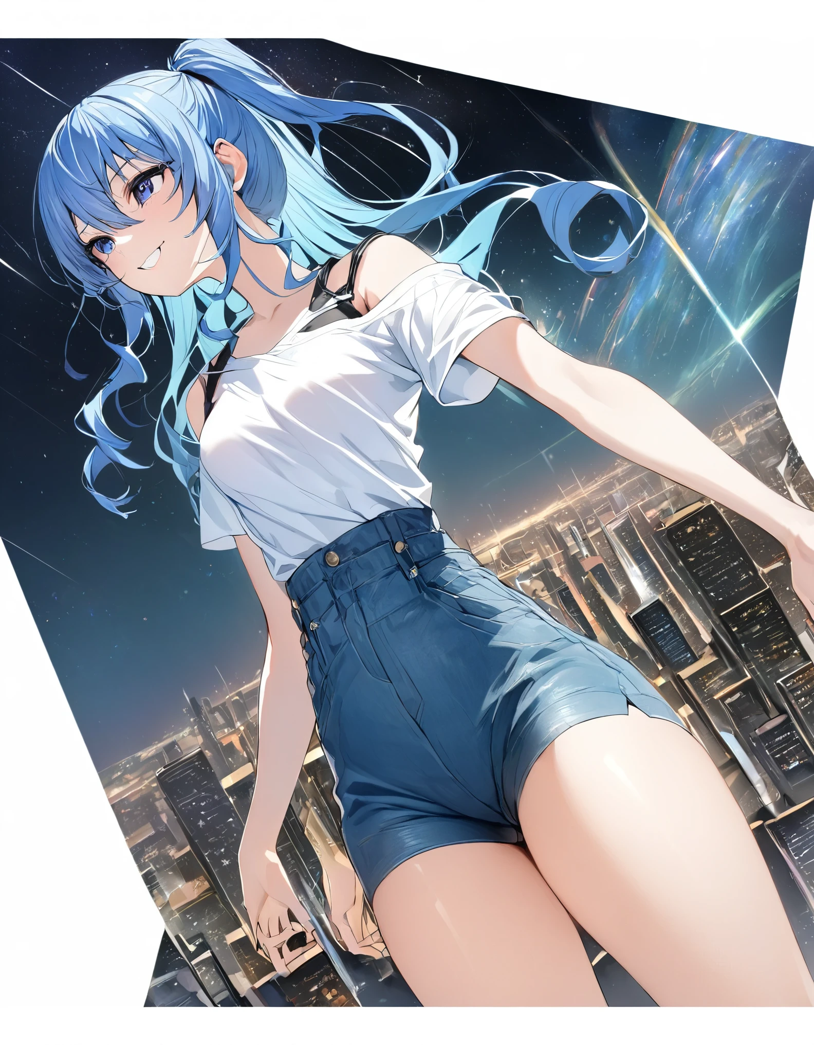 (8k、Best image quality、highest quality)、Detailed face、 1teen_girl、Blue Hair、Long Hair、sideponytail、dark_blue_eyes、smile,(peek_navel:0.7),(small_breasts:0.8),(White_T-shirt:1.3)、Off_shoulder、Black shoulder straps、(open_front_shorts,denim_short_shorts:1.2), starry_sky_city_background ,hoshimachi suisei,nihil,solo,stargaze,girl_looking_up_sky,slender,solo,boots,(abs:0.8), tight_waist,slender_thighs,knees