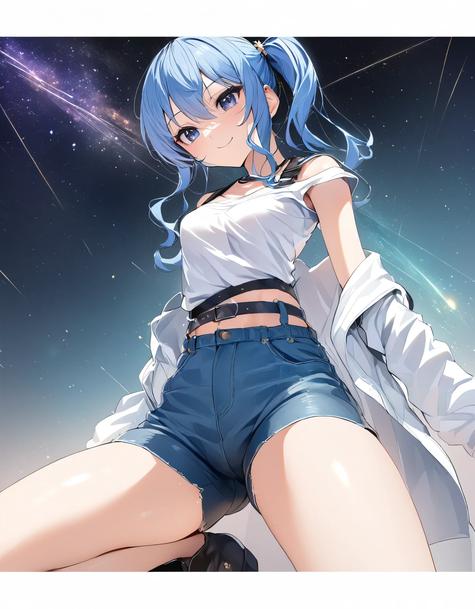 (8k、Best image quality、highest quality)、Detailed face、 1teen_girl、Blue Hair、Long Hair、sideponytail、dark_blue_eyes、smile,(peek_navel:0.7),(small_breasts:0.8),(White_T-shirt:1.3)、Off_shoulder、Black shoulder straps、(open_front_shorts,denim_short_shorts:1.2), starry_sky_city_background ,hoshimachi suisei,nihil,solo,stargaze,girl_looking_up_sky,slender,solo,boots,(abs:0.8), tight_waist,slender_thighs,knees