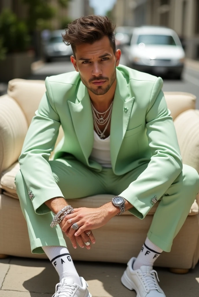 full length view fashion handsome white guy with strong divergent strabismus, cool fashion brown haircut, wearing pale green hype-fashioned suit, white fashion chunky sneakers and white 'FAG' socks, dozens of silver rings, necklaces, bracelets, beige shorts. He's posing on sofa in sunny street, San Francisco, arrogantly looking right at us, his strabismus is really visible. His 'FAG' logo socks must be seen