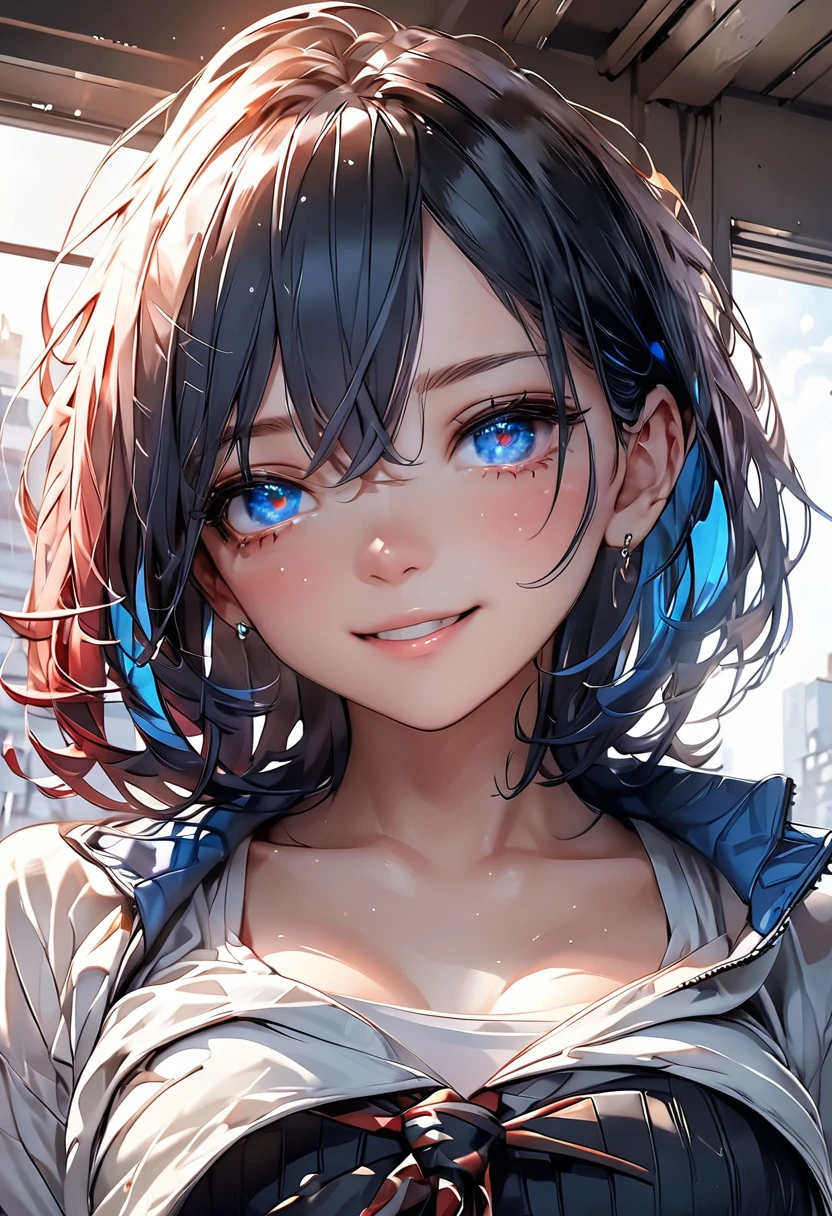 One Gal、 seductive smile 、((multicolor hair:1.2))、 black and blue hair、 medium hair 、 heterochromia、Detailed eyes、black and blue eyes 、Captivating thighs、clavicle、The shirt that fell apart、Black Bra、 jacket、tie、skirt、((betに仰向け))、Lying down、With both hands up、indoor、bet、Rising Sun through the Window 、(Best Quality:1.4), (masterpiece:1.4), ultra detailed, (((( High Resolution :1.4)))), 4K, 8k, Unity 8k 、((ultra-detailed face:1.4))、(Hires .fix:1.4)、(masterpiece,Best Quality, High Resolution :1.4)