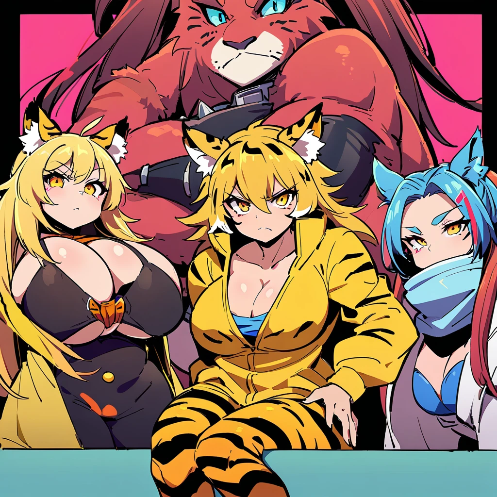 Anime, Cyberpunk female, 5 tiger-girls, anthro tiger girl, tiger girls, tiger stripes, huge hair, large breasts, blue bra, large yellow jacket, Deep cleavage, chubby, spikes, red fur, stripes, serious, posing together, girls surrounding