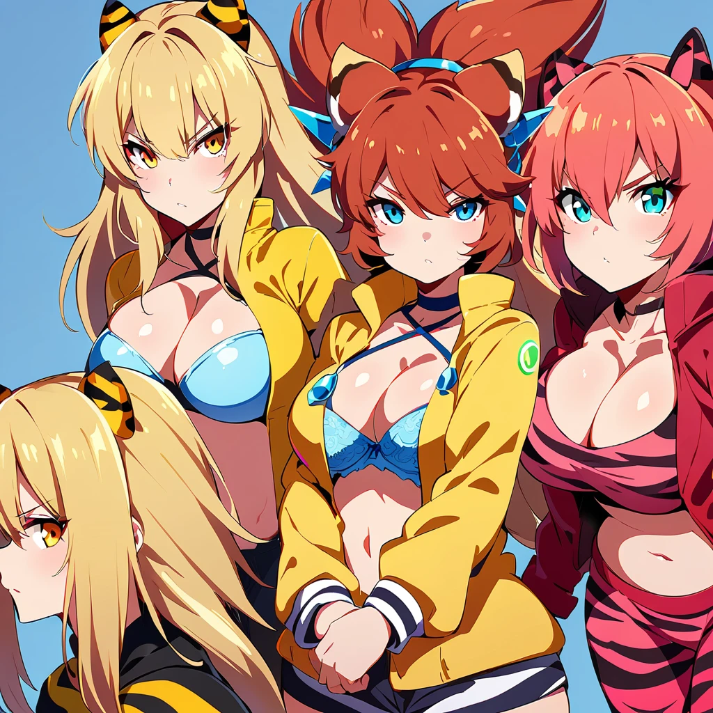 Anime, Cyberpunk female, 5 tiger-girls, anthro tiger girl, tiger girls, tiger stripes, huge hair, large breasts, blue bra, large yellow jacket, Deep cleavage, chubby, spikes, red fur, stripes, serious, posing together, girls surrounding