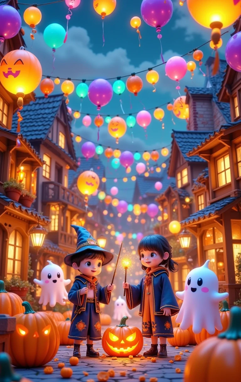 [Extreme long shot: 1.0], [Wide angle: 1.0], A joyous town decorated with colorful lanterns and balloons, a young boy and girl in wizard costumes, holding wands, playing games like trick-or-treat and ghost bowling with cute ghosts. A giant pumpkin sits in the center. Dreamlike and fantastical atmosphere. 3D, C4D render, vibrant colors, bright, RGB, multicolored, ((dopamine)), (((dopamine palette))), front-facing, dopamine colors, high saturation, high contrast, high definition, 8K, ultra-detailed, (in the style of Y2K), Lolita fashion, 3D ancient Chinese style, oriental poetic painting, blind box design, Pop Mart, 1wsjly1