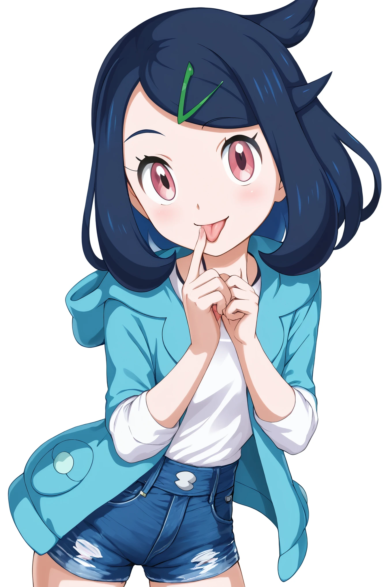 liko \(pokemon\), blue hair, hair clip,(white shirt:1.1), hooded jacket, open jacket, denim shorts,Kitten mouth,Lick the back of self hand,dark pink eyes,smile,tongue out,white backgrounds,solo