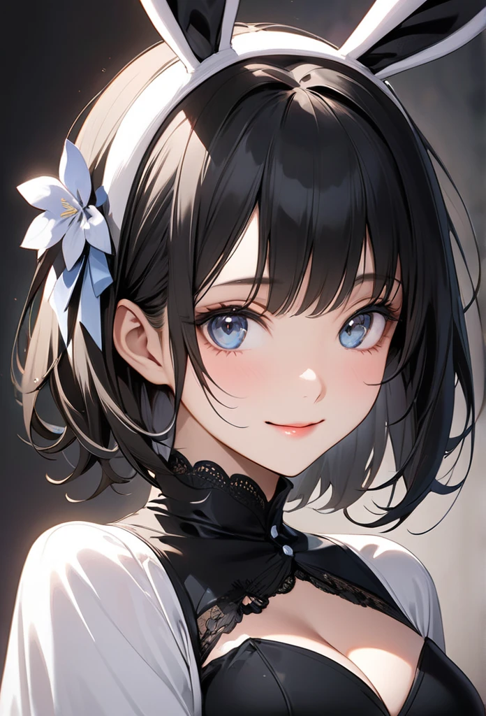 One person, High resolution, chest, Blushing, Shortcuts, bangs, Simple Background, 目の間のbangs, Earrings, Barrette, Background blur, beret, Anatomically correct, Gaze, smile, Black Hair, Open your mouth a little, Minimalist, Highest quality, Character portrait, Soft Light, Gentle colors, Illustration of movement, ハート型のEarrings, Bangs, 