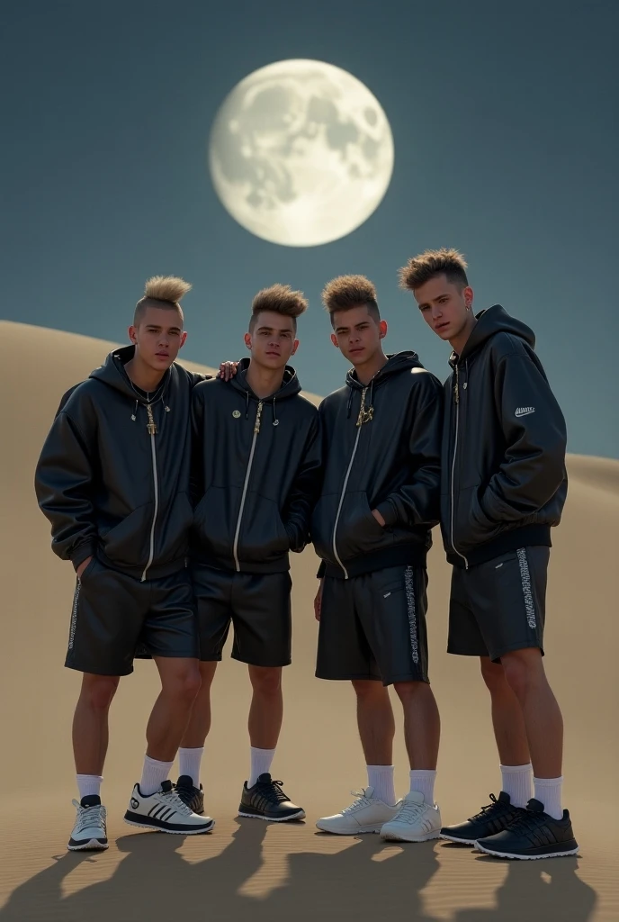 realistic photo, full length view, sand-dunes at the moon, group of 4 white different handsome teens having fun animately playing, black shiny leather adidas tracksuits, cute face and mohawk hairstyle, white socks, Nike hype-fashioned chunky sneakers, lots of silver or golden jewelry, rings, necklaces, ear rings, bracelets, best friends, sneakers