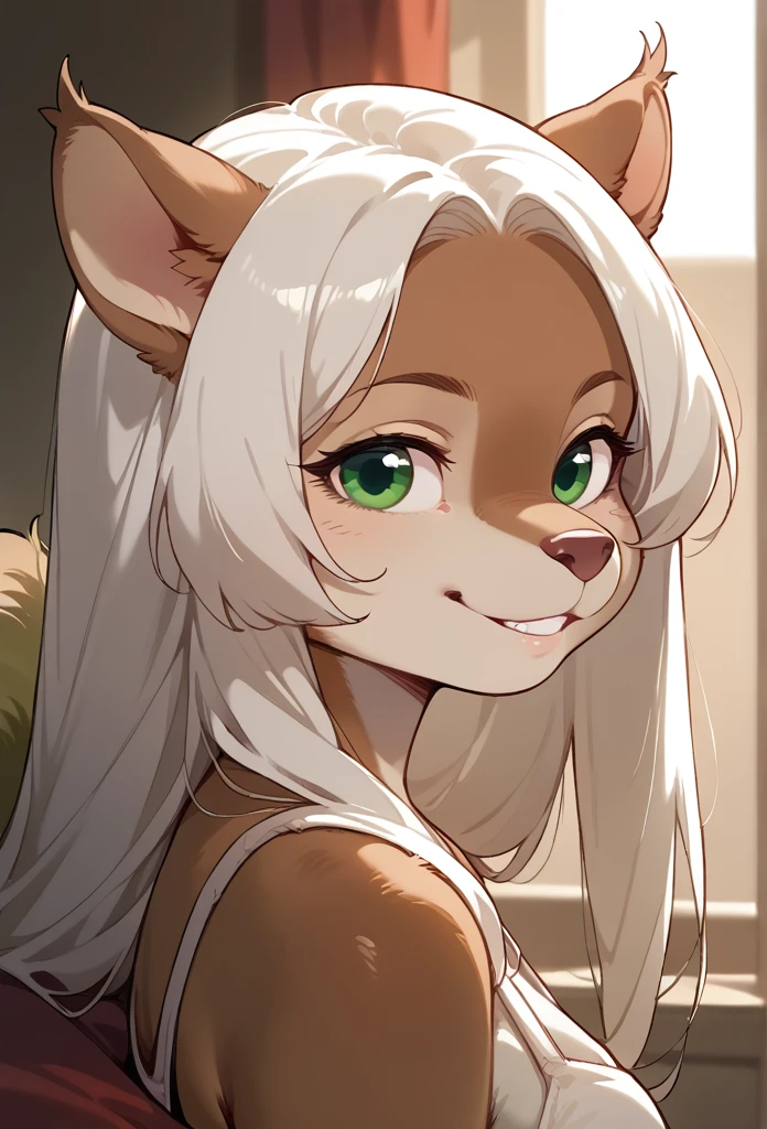  White squirrel girl, furry female, body fur, animal nose, snout, squirrel ears, green eyes, white hair, long hair, side view, Smile, 