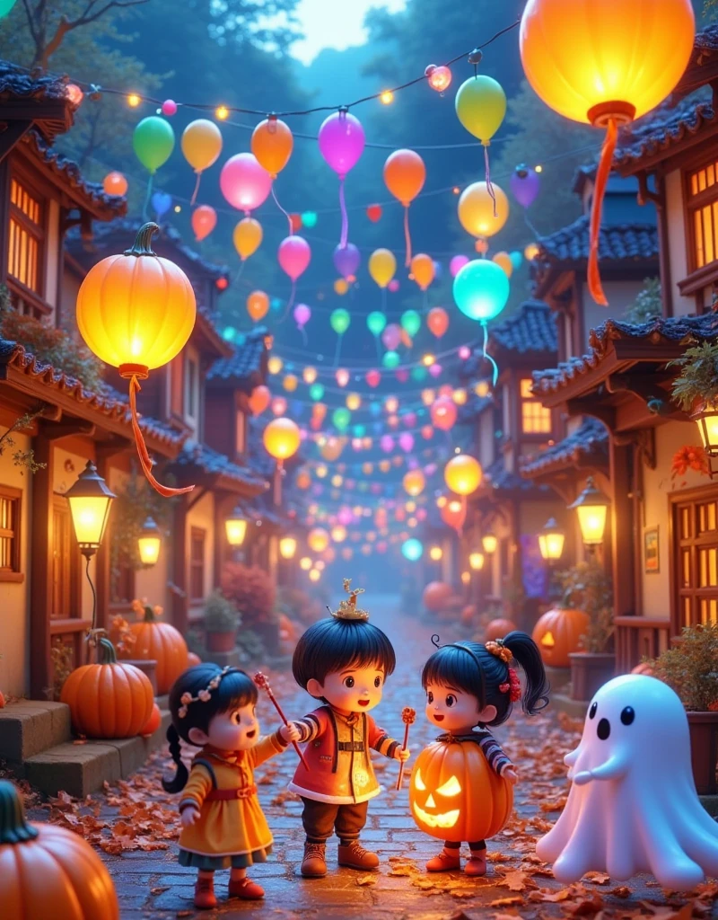 [Vision:1.0]，[Wide Angle:1.0]， A fun town ， Decorate with colorful lanterns and balloons ，One and one in magic suits，Wand in hand， play games with cute ghosts ， such as “Trick or Treat If You Don't Give Me Sugar” and “Ghost Bowling” The center is a huge pumpkin，Fantasy atmosphere，Dreamy emotions，3d, C4D Rendering，Bright colors，Bright，RGB, Colorful，((Dopamineism))，(((Dopamine color matching)))，Facing the screen，Dopamine color，High Saturation， High Contrast ， High Definition ，8k，Ultra-high detail，(in the style of Y2K)，Luo Erchun，Three-dimensional ancient style，Oriental Poetry and Painting，Blind box design ，Pop Mart, 1wsjly1