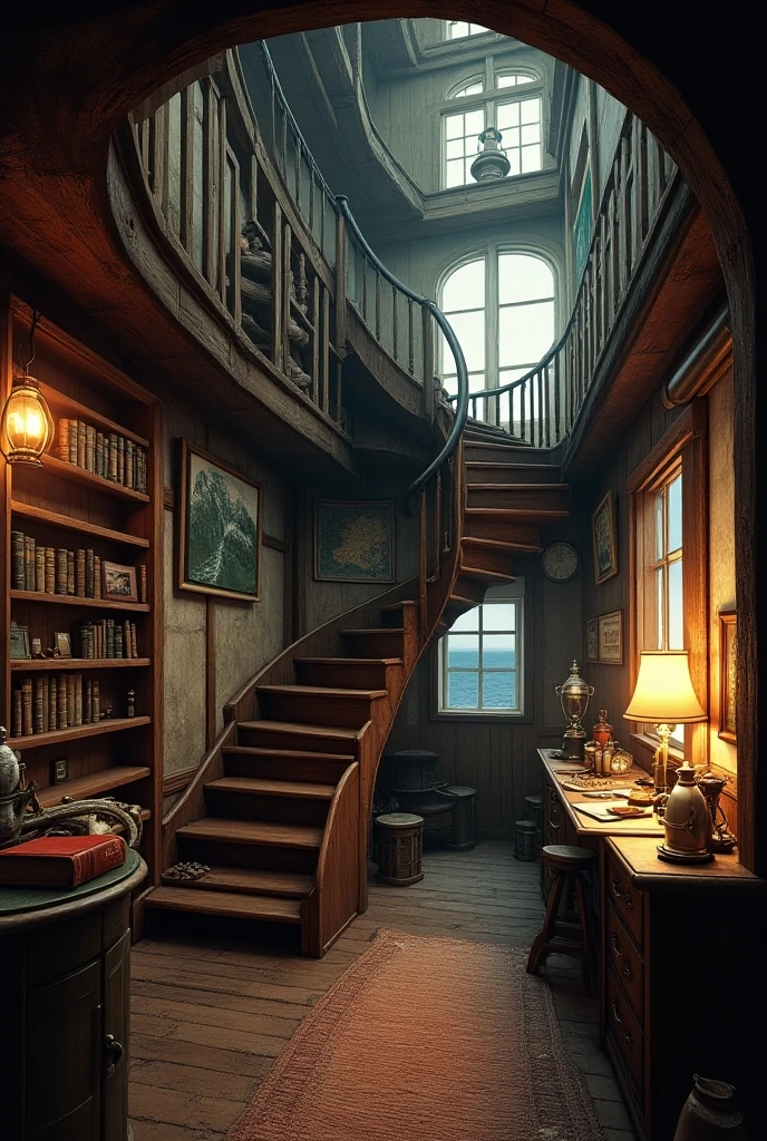 The interior of the lighthouse, with spiral stairs leading to the ...