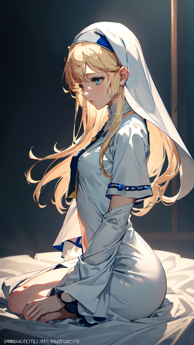 (  Delicate and Beautiful CG Art  , 8k,  High Dynamic Range ,  Better Quality,  very detailed,  High Resolution ) (masterpiece,  best quality: 1.2, Realistic,  intricate details, Realistic skin, Realistic body) 1. Boy, Guilty Gear Bridget, Blonde, blue eyes, , Appearance of a male nun, Only clothes worn by Bridget, Includes a blue nun&#39;s hood that reaches down to the waist, Bicycle shorts, He has gloves on his hands..  lying in bed , Hands folded over head, The whole body is depicted in the artwork. Long legs are emphasized, Athletic characters