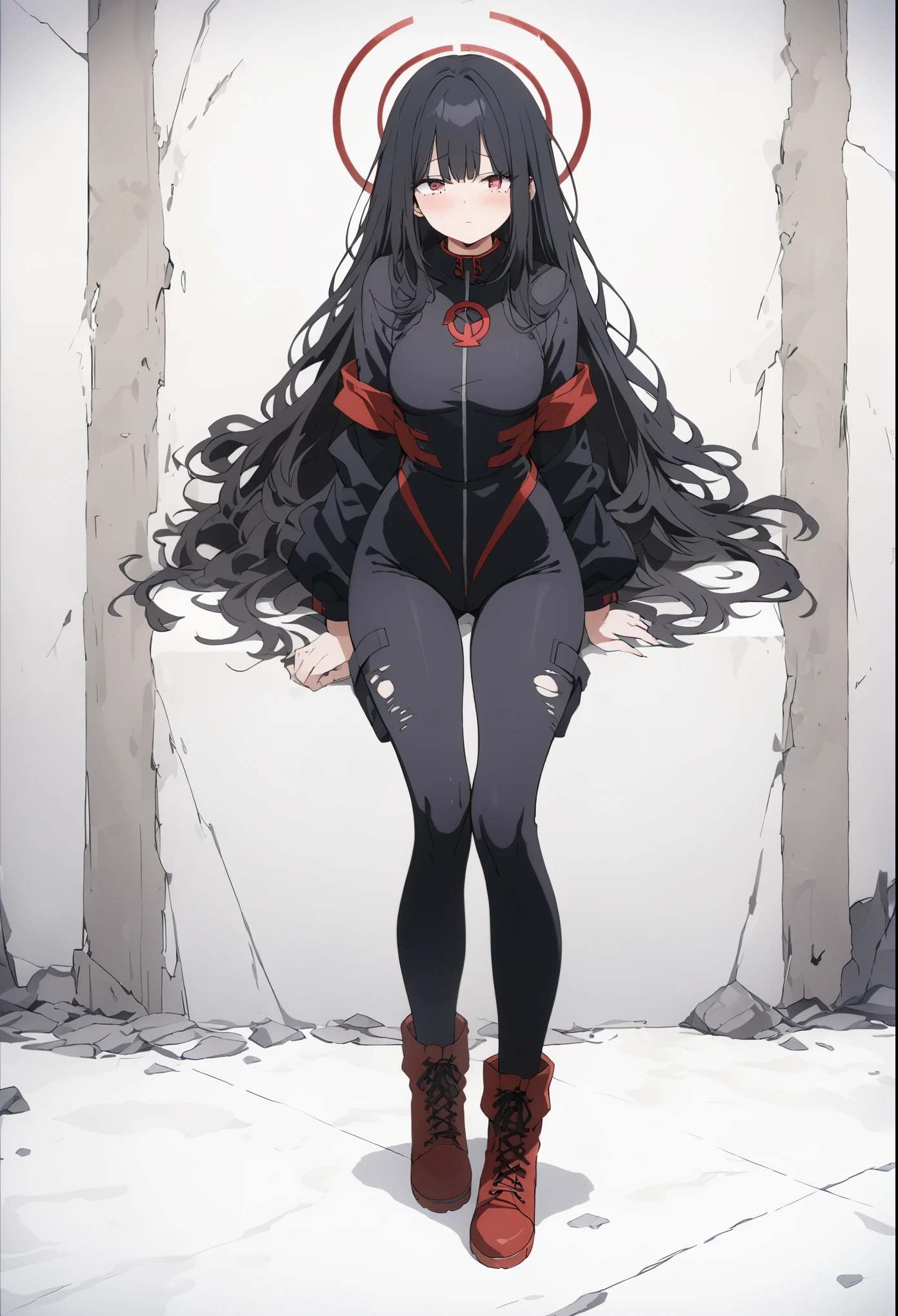 Black long hair, crimson eyes, tight-fitting black stealth jumpsuit with red "ø" symbol, black and red combat boots, Black torn and disheveled hoodless cloak, black wide-brimmed hat, depressed, 8k, masterpiece, high quality, dark surroundings