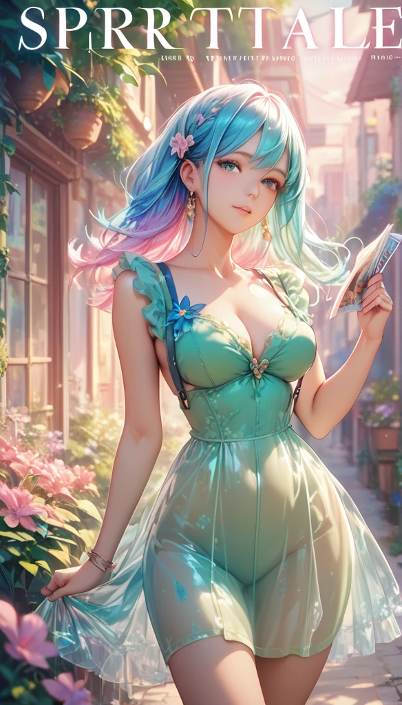 masterpiece, Highest, Spring Dress, Colored hair, Outdoor, Magazine Cover, Transparent skirt,, suspenders, Light tulle, Wide hips, Thin waist, Smooth, soft and delicate skin