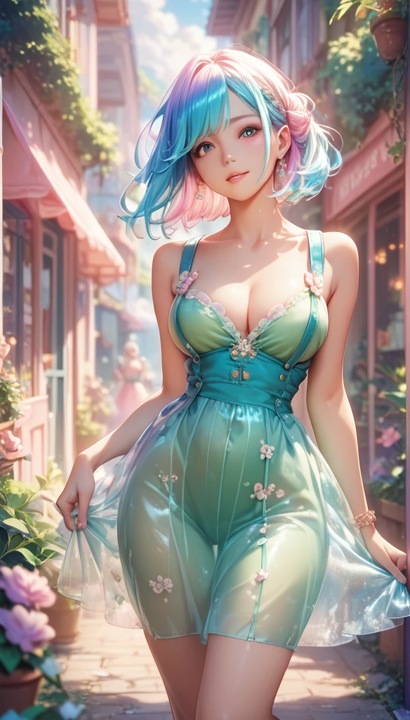 masterpiece, Highest, Spring Dress, Colored hair, Outdoor, Magazine Cover, Transparent skirt,, suspenders, Light tulle, Wide hips, Thin waist, Smooth, soft and delicate skin