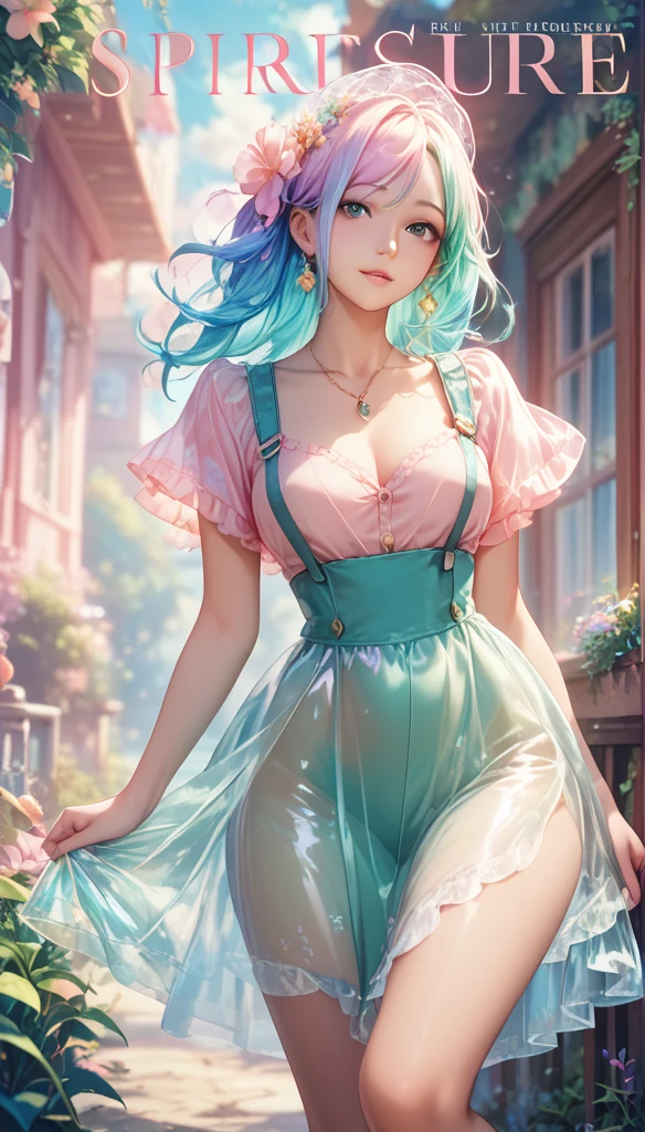 masterpiece, Highest, Spring Dress, Colored hair, Outdoor, Magazine Cover, Transparent skirt,, suspenders, Light tulle, Wide hips, Thin waist, Smooth, soft and delicate skin